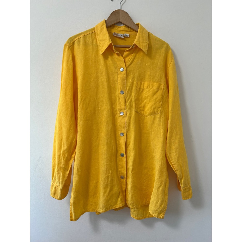 Chico's Design Women Yellow 100% Linen Button Down Shirt Sz 2 Large Long Sleeve